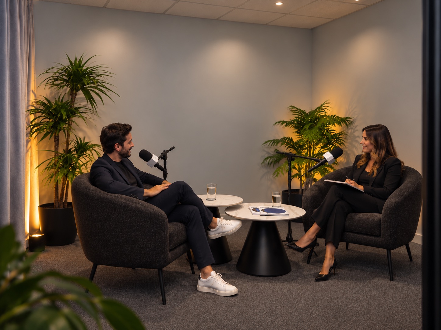 Two hosts recording a podcast in the casual setup at Podcast Studio Nicosia