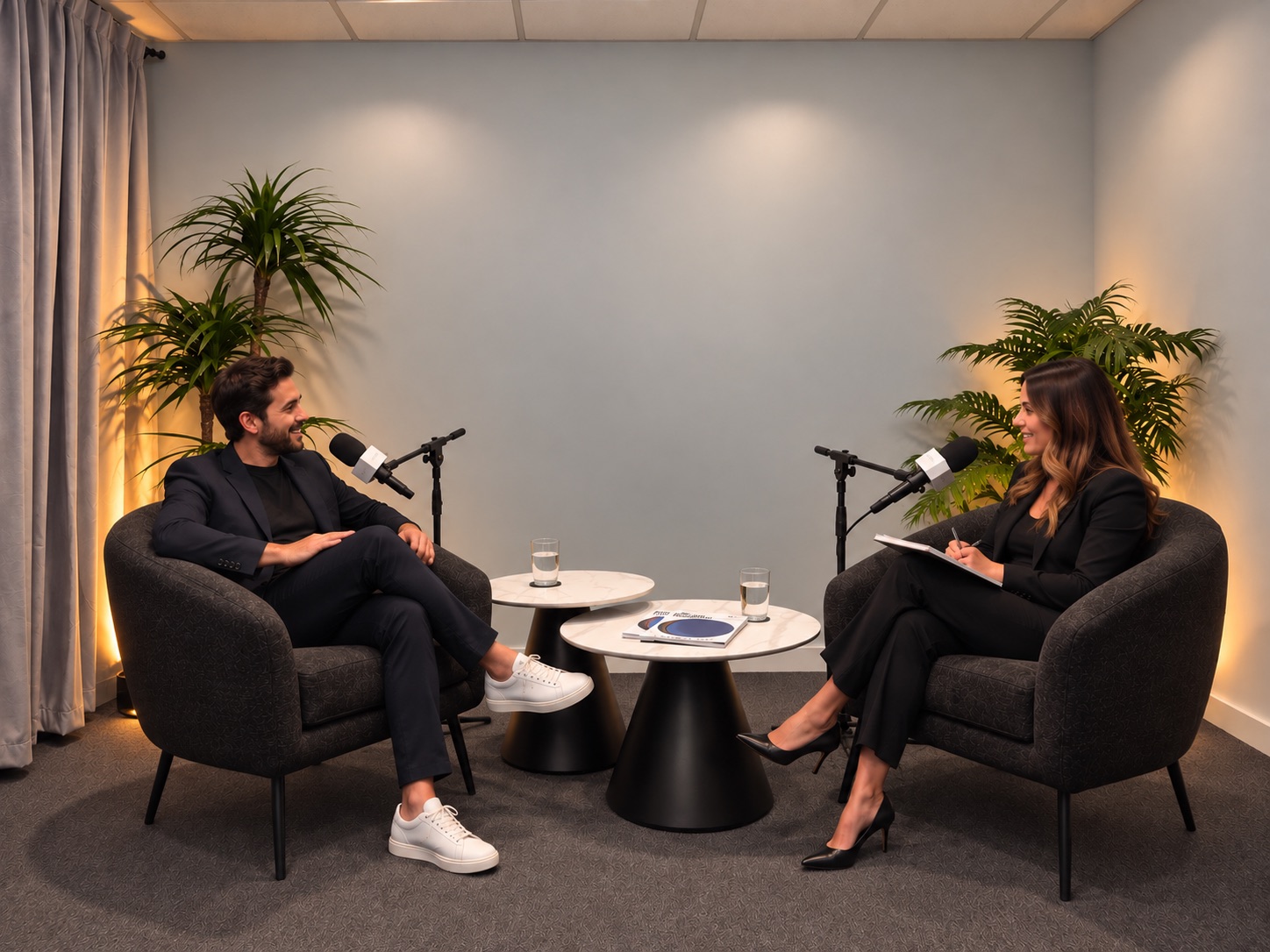 Wide view of a two-person interview in the casual podcast setup