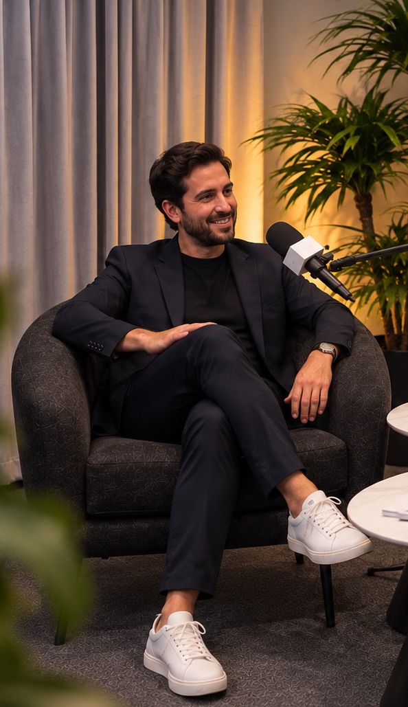 Guest seated in a lounge armchair with a microphone in the casual podcast setup