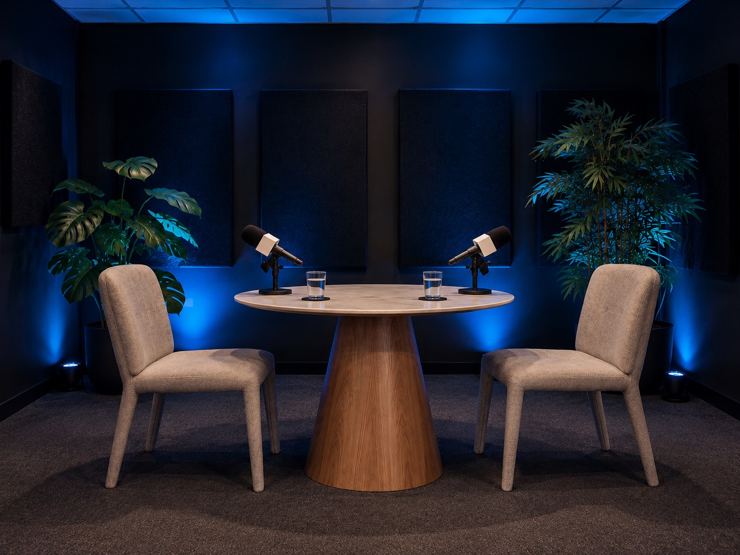 The executive setup ready to record, with a round table, two chairs, microphones and acoustic panelling under blue accent lighting